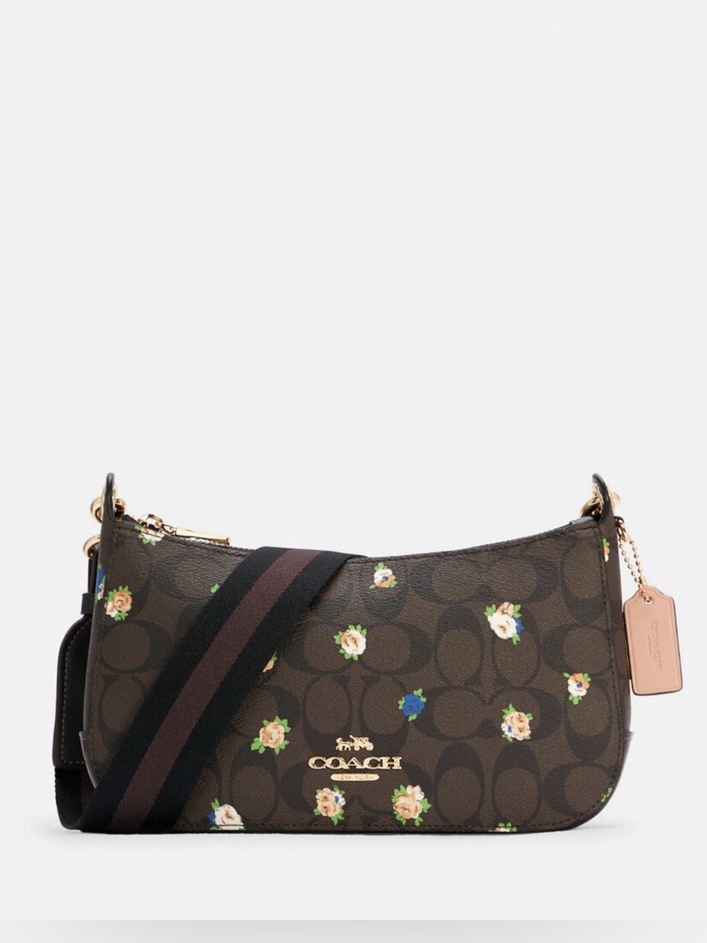 Coach Jes Baguette Signature Canvas w/ Vintage Mini Rose Print,Brown Black Multi